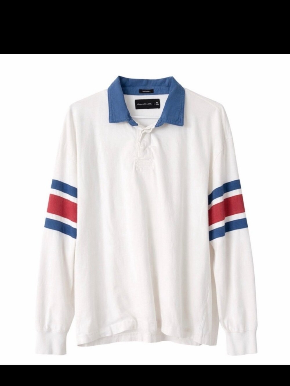 A&F Saltburn White Long-Sleeve Rugby Shirt with Blue Collar